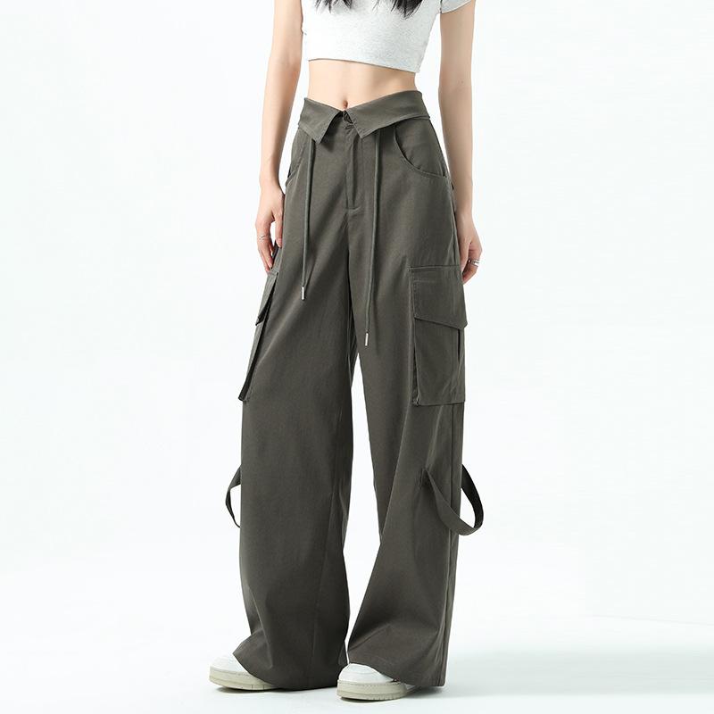 Vintage High Street Wide-leg Overalls Women's Spring New High-waisted Waist-turned Design Sports Casual Pants