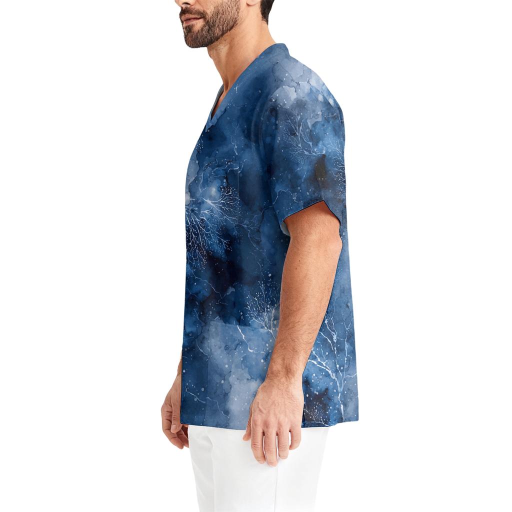 Men's Printing Short Sleeve V,neck Working Blouse Chest Pocket Carer Top
