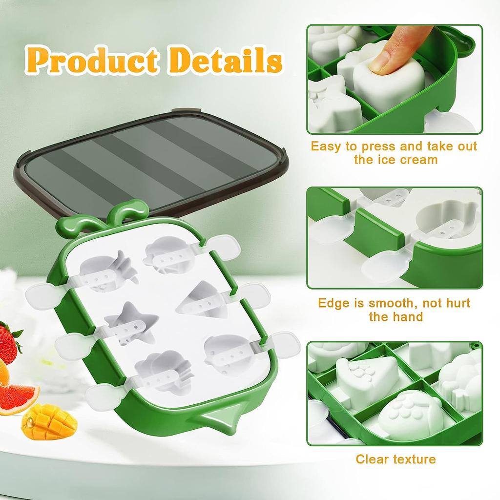 Kids Ice Cream Molds 6-Cavity Silicone Popsicle Mold with Lid, Food-Grade Silicone, Green, Reusable DIY Ice Pop Maker Accessories