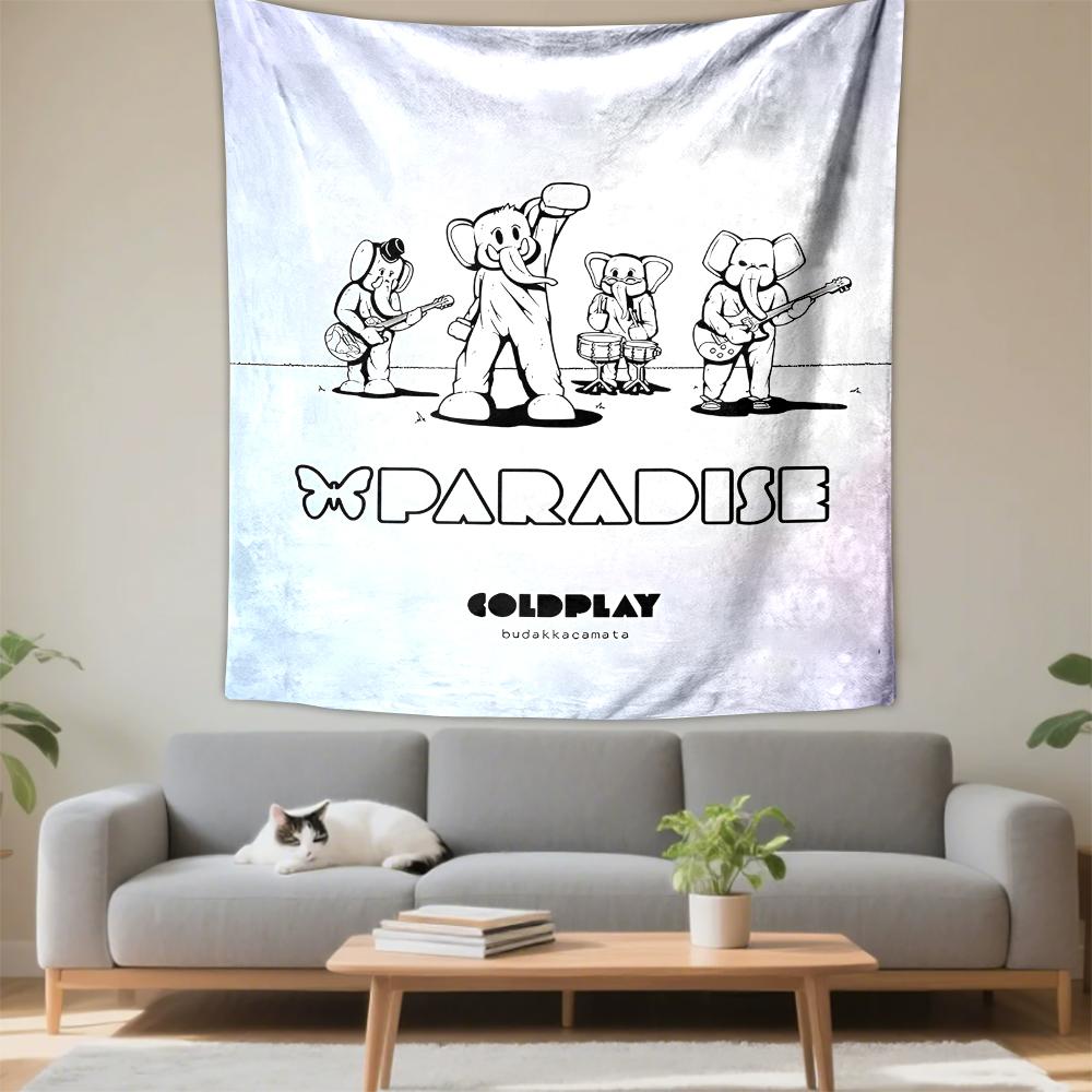 Vertical Tapestry Coldplay Paradise Cartoon Elephants Band Line Art Pastel Wall Hanging Tapestry Home Decor Gift