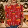 Women's Casual Three-Quarter Sleeve Neck Top with Christmas Print
