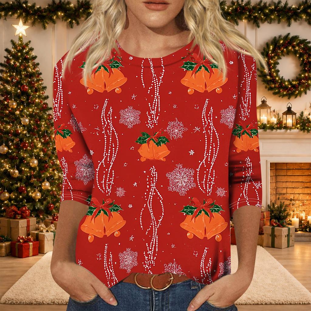 Women's Casual Three-Quarter Sleeve Neck Top with Christmas Print
