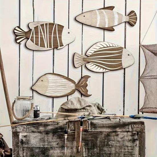 4 Pcs Wood Fish Wall Decor Vintage Nautical Beach Wall Art Coastal Wooden Hanging Sculpture for Lake House Ocean Bathroom Bedroom Home Decor