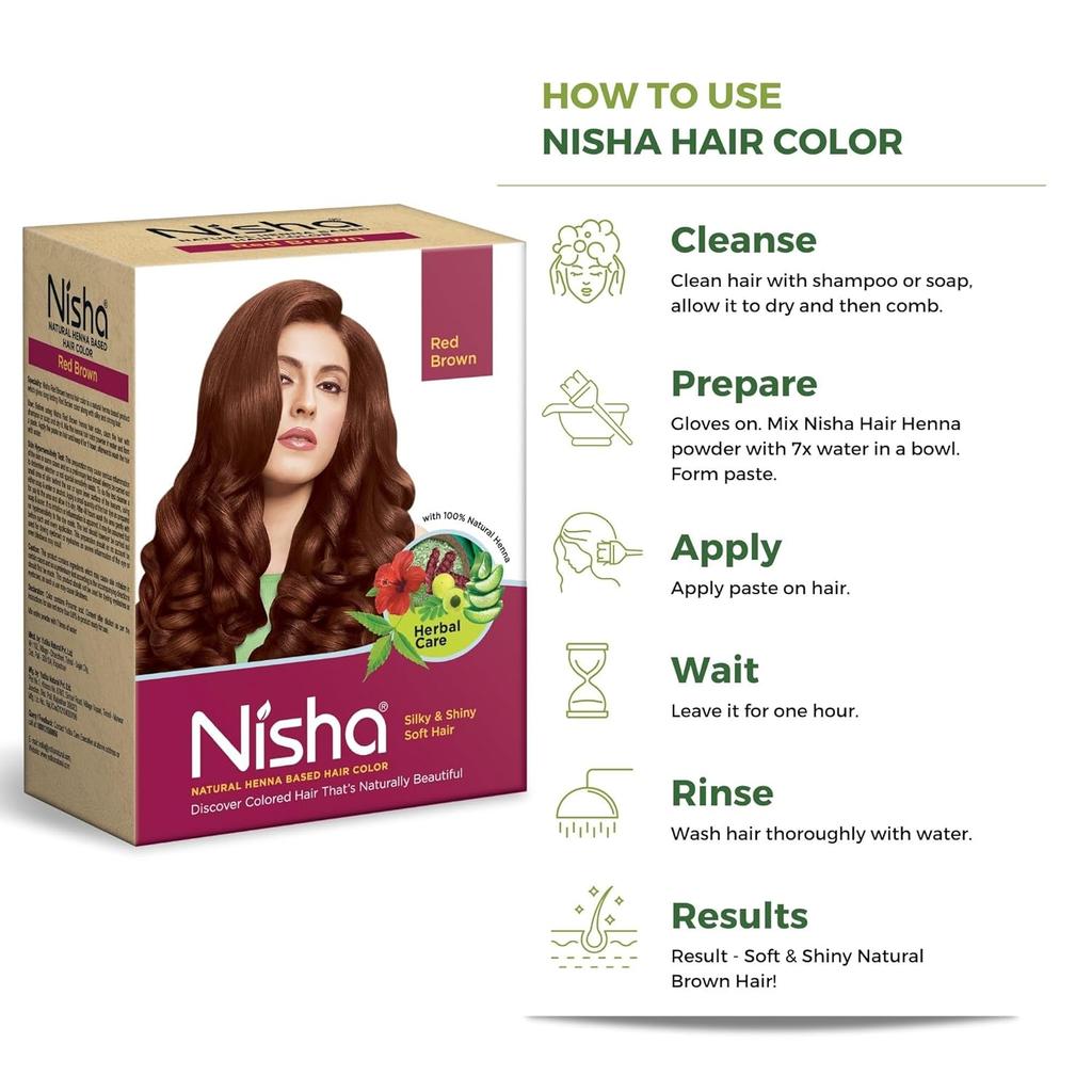Nisha Natural Henna Hair Colour Red Brown 90g Pack of 1 Herbal Semi-Permanent Hair Dye for Silky Shiny Hair