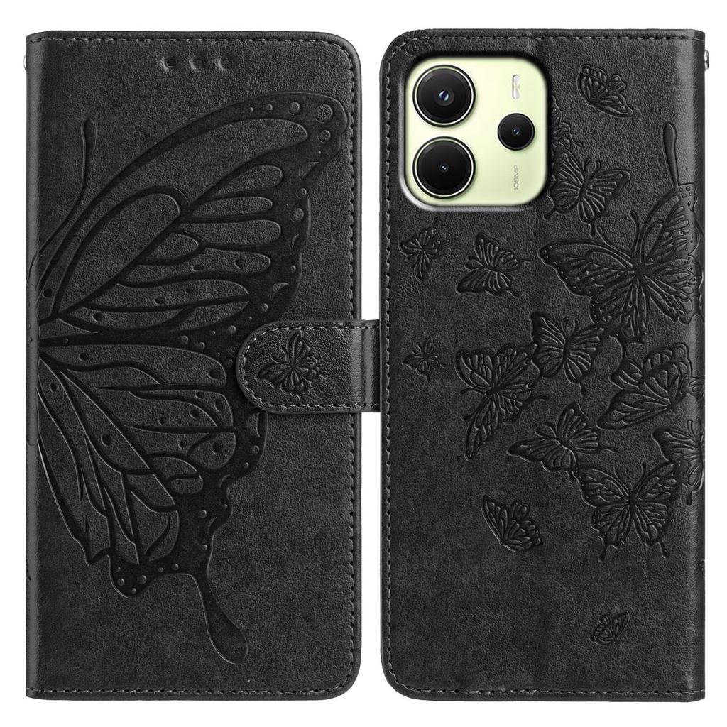 Für Xiaomi Redmi Note 14 4G (163,25 mm) Hülle Schmetterling geprägt Brieftasche Ständer PU Leder Klapphandyhülle mit Riemen