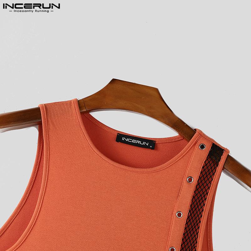 INCERUN Men O Neck Sleeveless Mesh Sheer Patchwork Bandage Slim Tank Tops