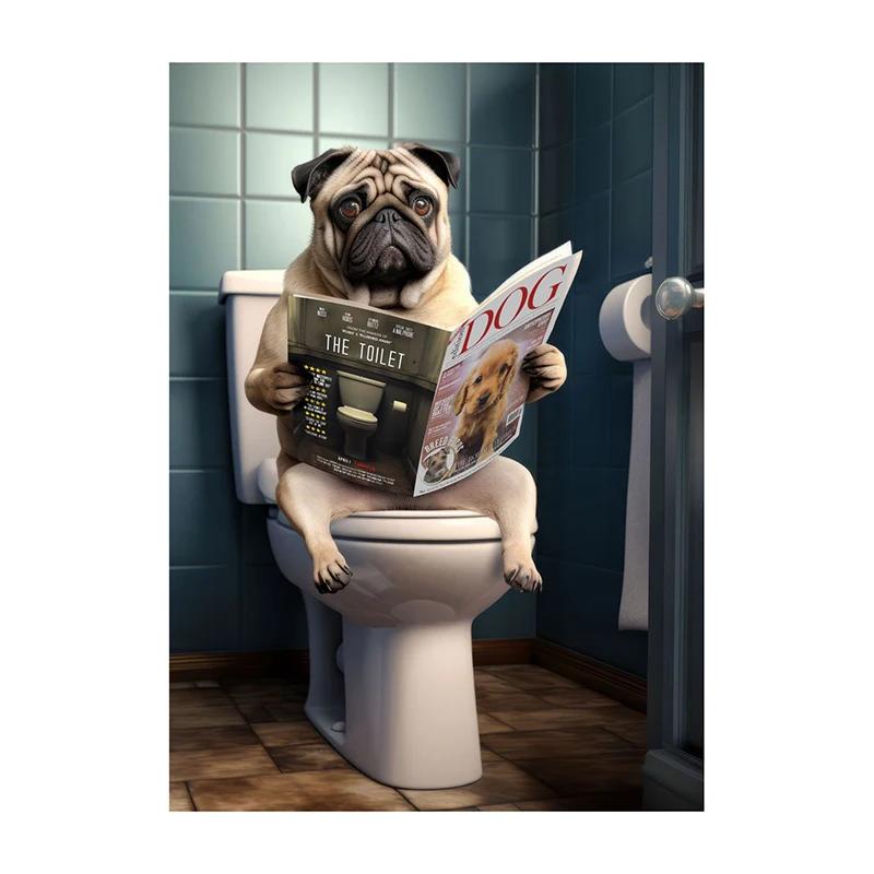 Goldendoodle Affe Hochlandrind auf der Toilette Zeitung lesend Poster Tierdruck Leinwandbild Lustige Badezimmer Wanddeko