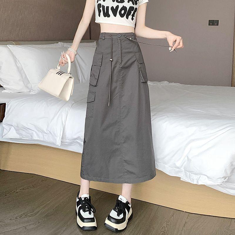 

Women s Summer American Vintage Utility Midi Skirt - High-Waist Split Drawstring A-Line Army Green Skirt XL