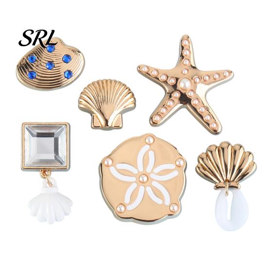 Sandal Charms 6Pcs/Set Summer Beach Shoe Charms, Gold-Toned Shell Starfish Ocean Themed Decorations for Clogs Women Girls Holes Faux Pearl Sets