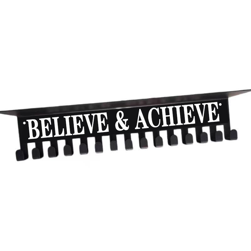 Metal Wall-Mounted Trophy & Medal Display Rack With "Believe Achieve" Motivational Sign Multi-Hook For Awards, Keys, Ribbons