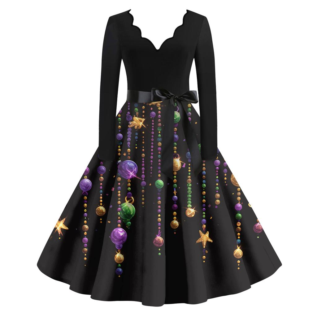 Women's Casual Fashion V Neck Long Sleeve Printed Vintage Long Dress