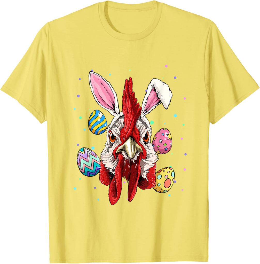 Funny Rooster Bunny Easter Egg Graphic Tee Men's Casual Short Sleeve T-Shirt Trip