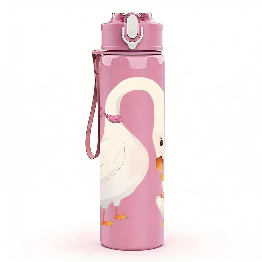 1PC White Goose With Heart Neck Print 750ml Color Plastic Sports Water Bottle Leakproof Flip Straw Lid Suitable for Sports Office Home Use