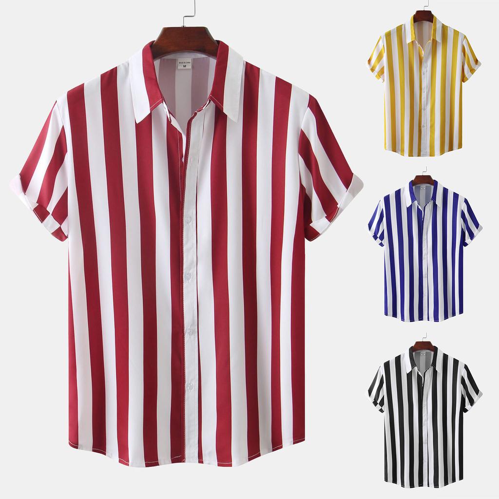 Pánské ležérní havajské tričko s pruhovaným potiskem s volným pohodlným krátkým rukávem