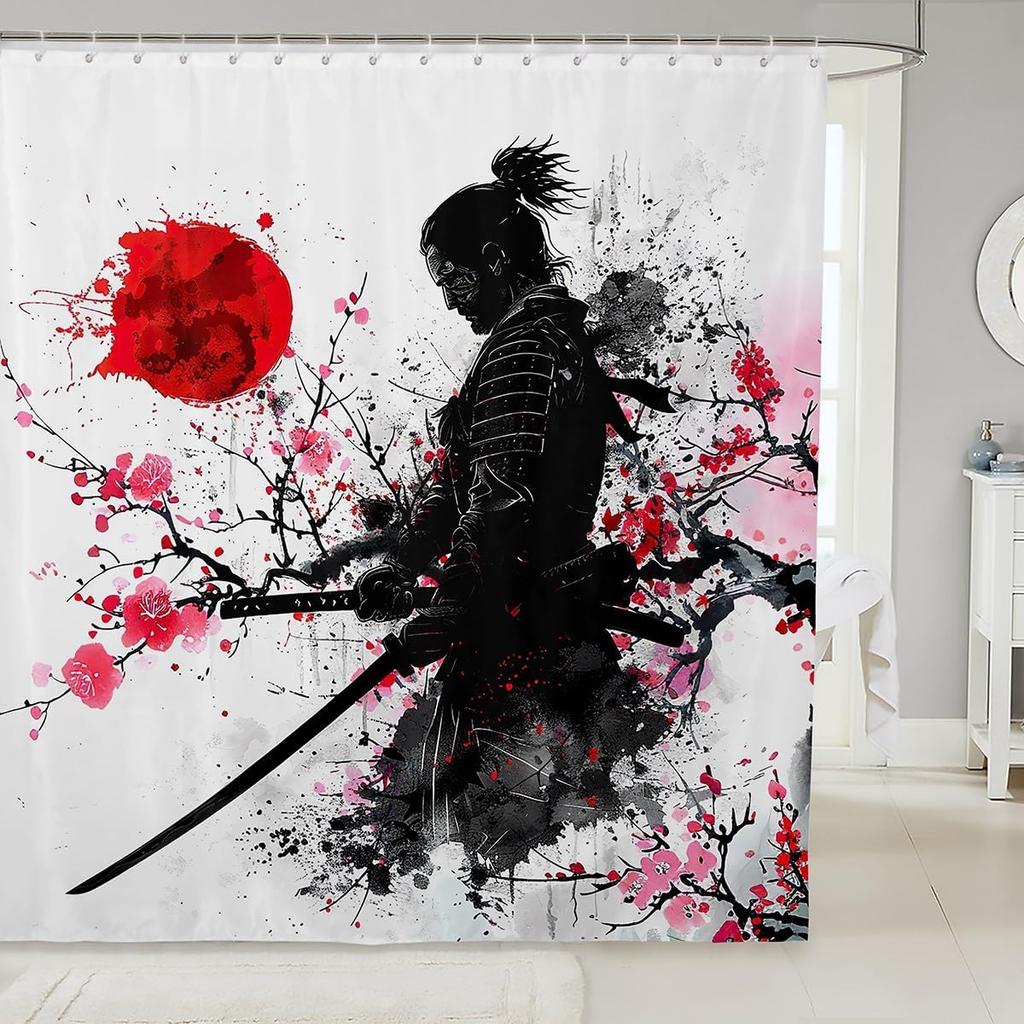 Japanese Wave Shower Curtain Kids Cherry Blossoms Bathroom Shower Curtain Set For Boys Girls Japanese Ukiyoe Theme Home Decor