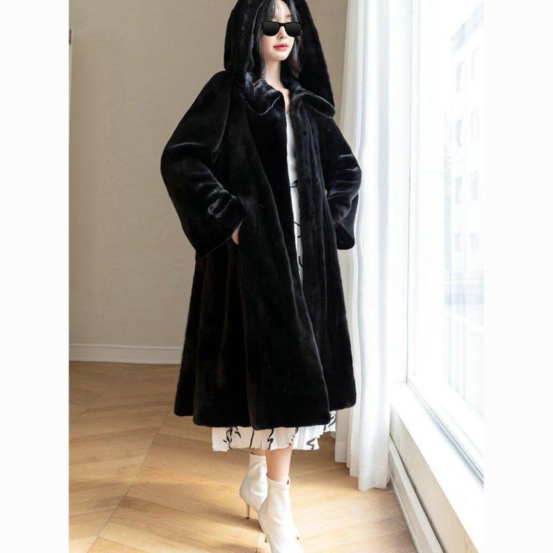 Leopard Print Plus Long Over-knee Imitation Mink Fleece Fur Coat Hooded Jacket Women's Autumn and Winter New
