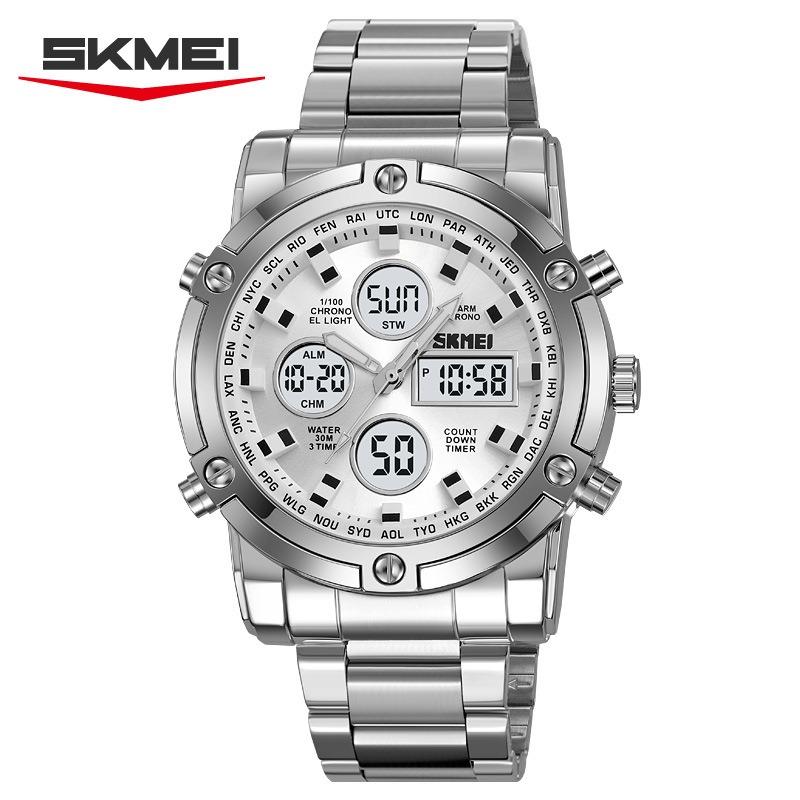 

Dual display electronic watch, multi-function steel strap, large dial, three-time men s waterproof watch
