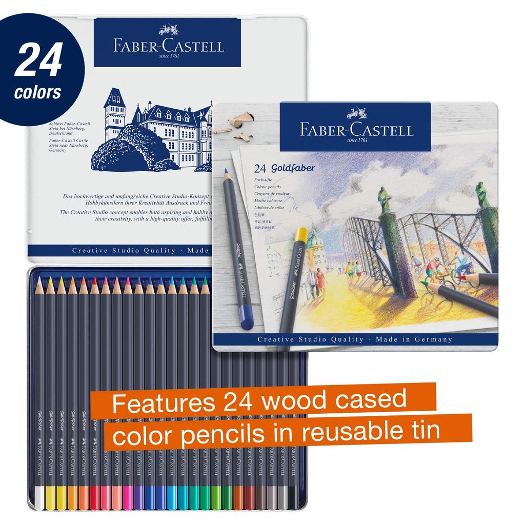 Gold Faber Colored Pencil Tin 24 Faber-Castell Set, Pencils.