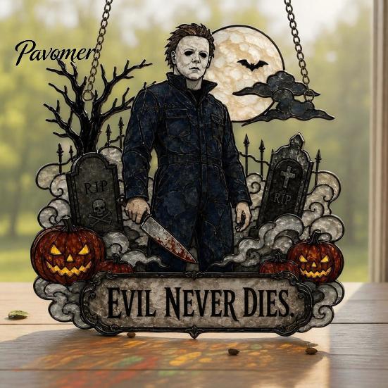 Porch Showcase Hanging Accents Halloween Decoration, 2D Michael Acrylic Suncatcher, Window Decor with Pumpkin Movie Fan Collection Gifts Tombstone,