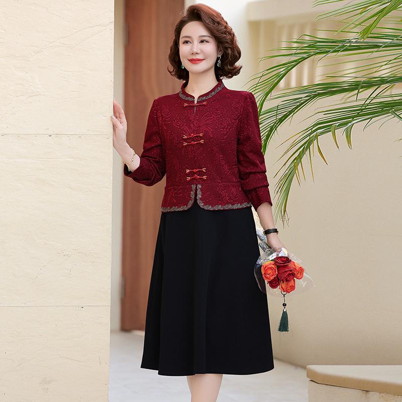 

Платье-двойка на весну и осень 2025 года: Шикарный национальный стиль для женщин среднего и пожилого возраста XXL (suggested for 105-122 jin) вино красного