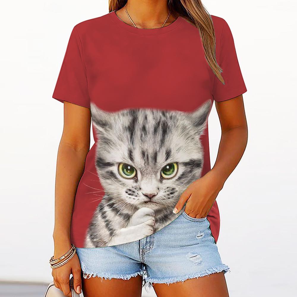 Women's T-Shirt Funny Cat Graphic Short-Sleeved Fashion Casual Oversized Round Neck Women's Summer Clothing
