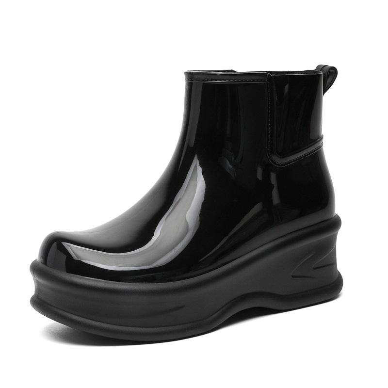 Women Glossy  Ankle Rain Boots Wedge Platform Thick Sole Waterproof Rubber Short Chelsea Style Rain Shoes