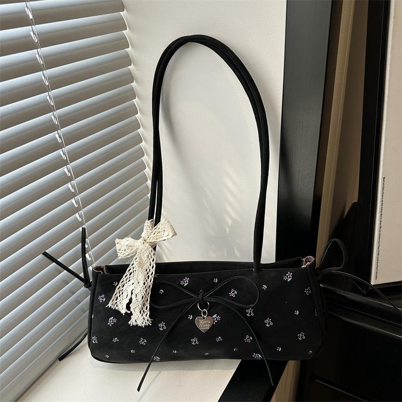 Niche sweet floral baguette bag women's  new trendy fashion girl style bow underarm bag shoulder bag