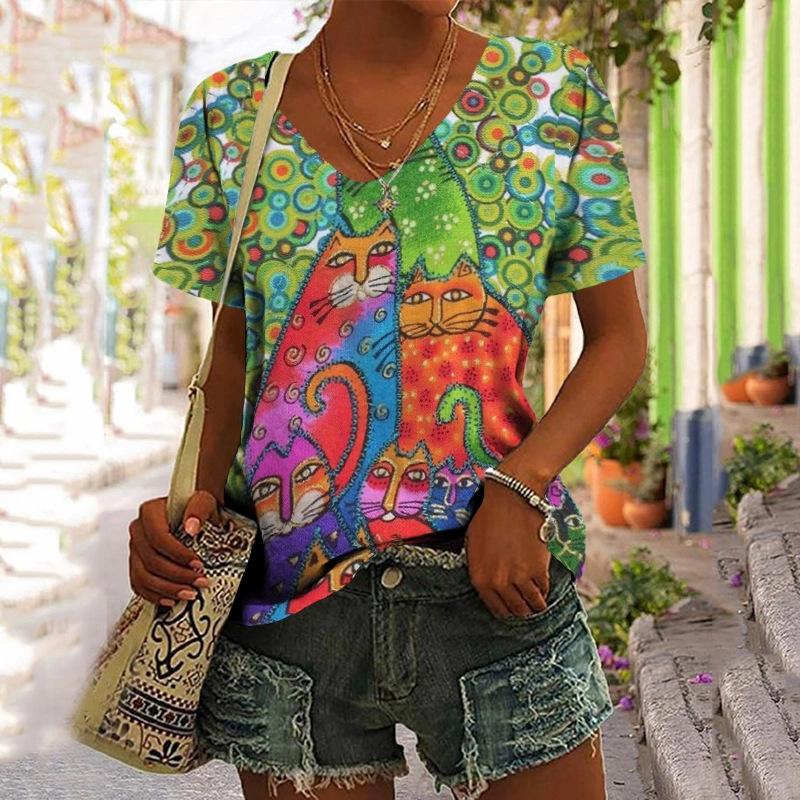 Women's pullover short-sleeved round neck 3D digital printed loose T-shirt