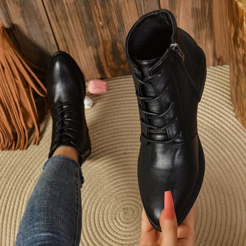 New Large-sized Retro Black Marten Boots with Thick Heels, Lace-up Design, Small Leather Shoes, High Heels, Trendy Short Boots for Women