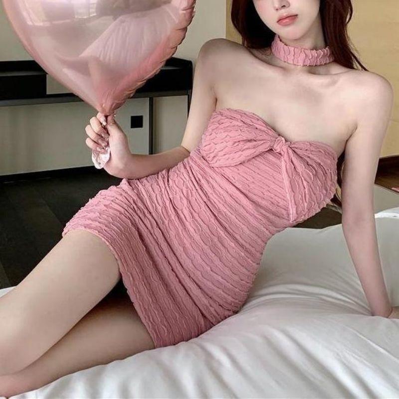 Cotton Off Shoulder Dress With Bow Tie And Slim Fit For Casual Women
