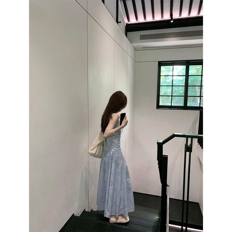 Kumikumi Holiday Style Blue Lace Stitching Temperament Sling Dress Women Summer Waist Hugging Pleat A- Line Skirt