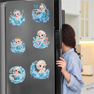 6Pcs Snow Queen Series Diamond Art Fridge Magnet Diamond Painting Refrigerator Magnet DIY Fridge Stickers for Fridge Whiteboards