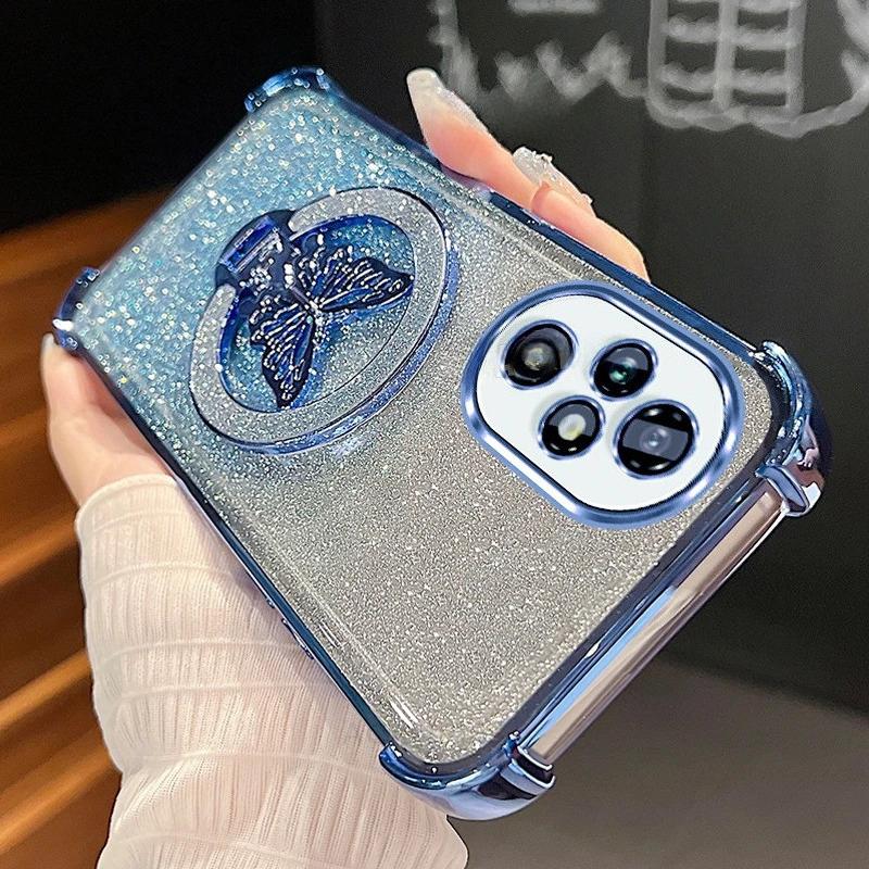 Honor200 Glitter Butterfly Holder Plating Silicone Case For Huawei Honor 200 300 100 90 70 50 Pro Shockproof Cover Honor200pro