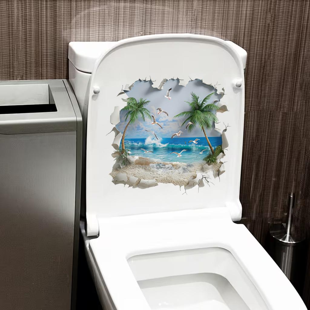 Broken Wall Beach Coconut Tree Toilet Cover - Bathroom Toilet Lid Decorative Sticker