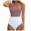 Women Swimwear Block Color One-Piece Swimsuit One Shoulder Bowknot Bathing Suit