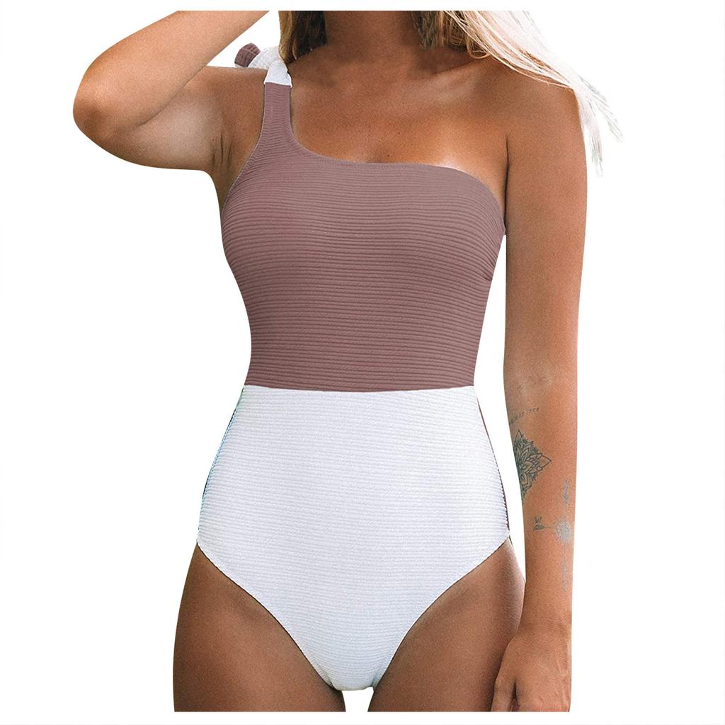 Women Swimwear Block Color One-Piece Swimsuit One Shoulder Bowknot Bathing Suit