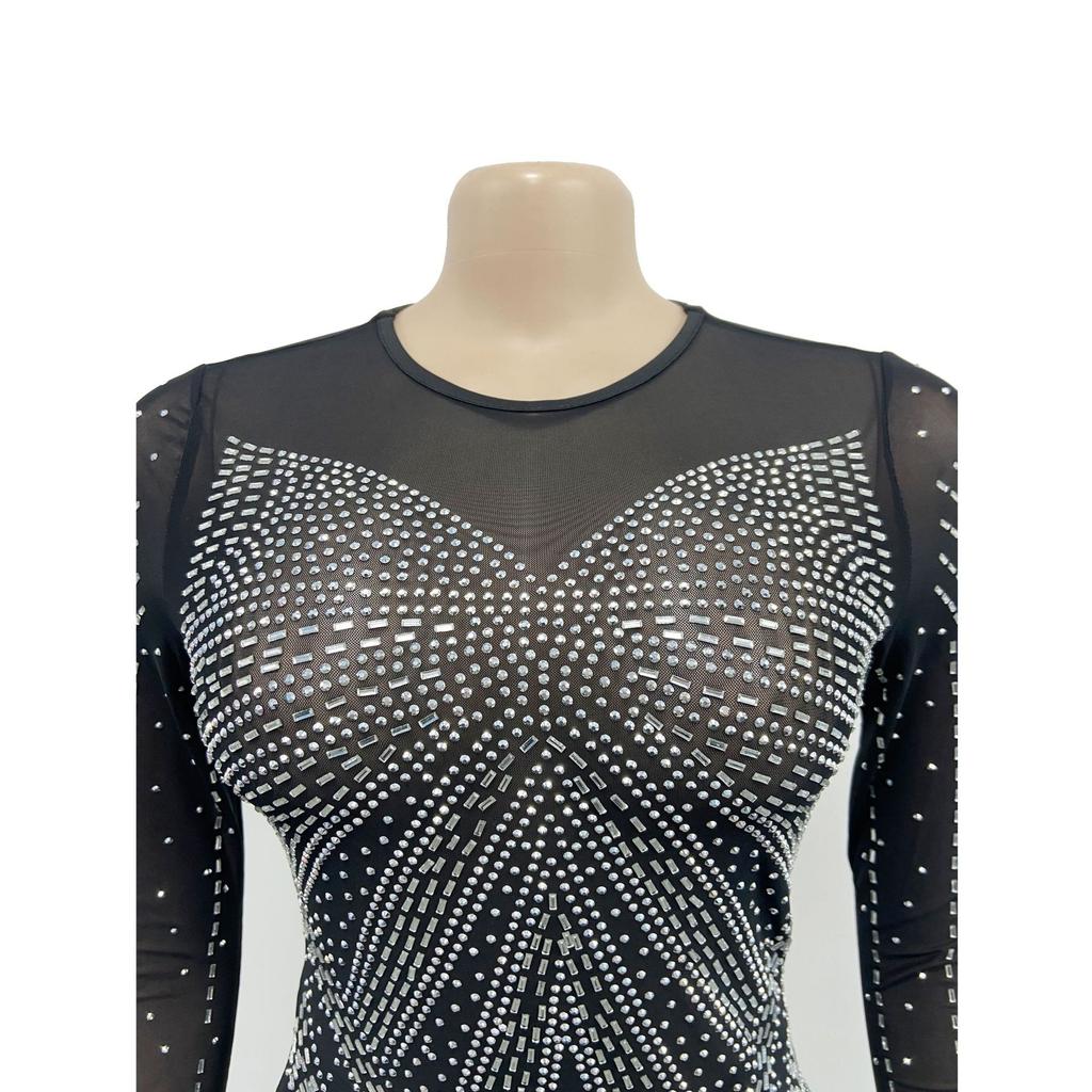 Vestido de noche Vestido largo de manga larga con diamantes de imitación transparentes de malla de color sólido para mujer a la moda