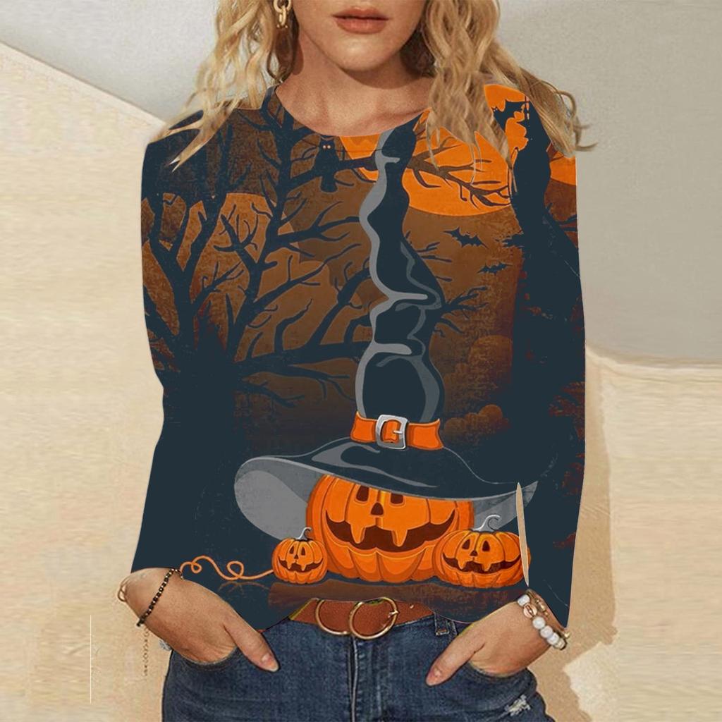 Women's Casual Fashion Halloween Print Long Sleeve Pullover T-shirt Top