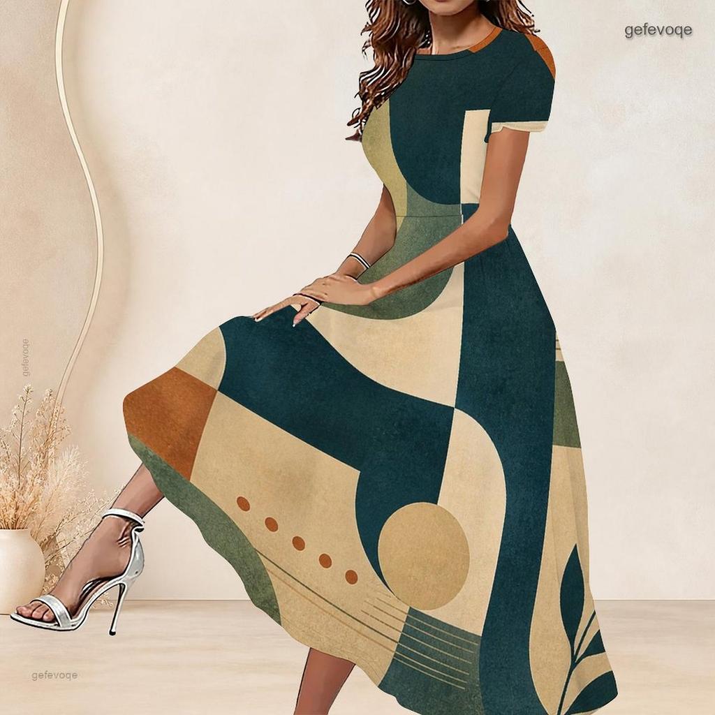 Women Plus Size Round Neck Short Sleeve Abstract Printed A Line Long Dress
