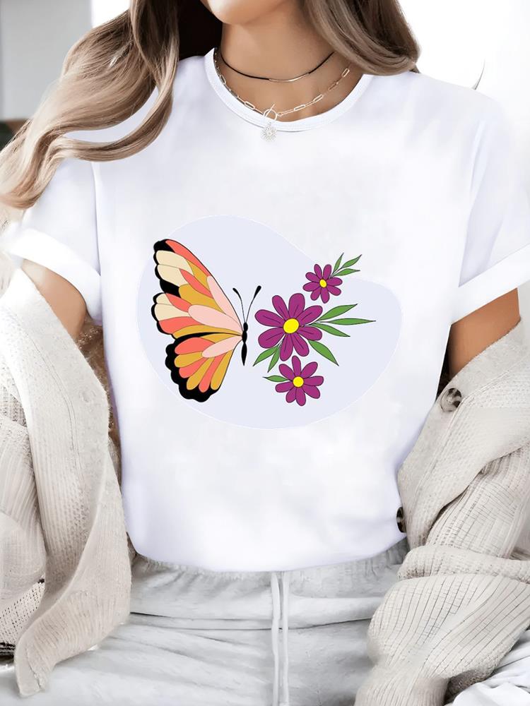 (Asian Size) Butterfly Flower Cute Print Short Sleeve T-shirts Fashion O-neck Female Casual Women's Top T Clothing Graphic Tee
