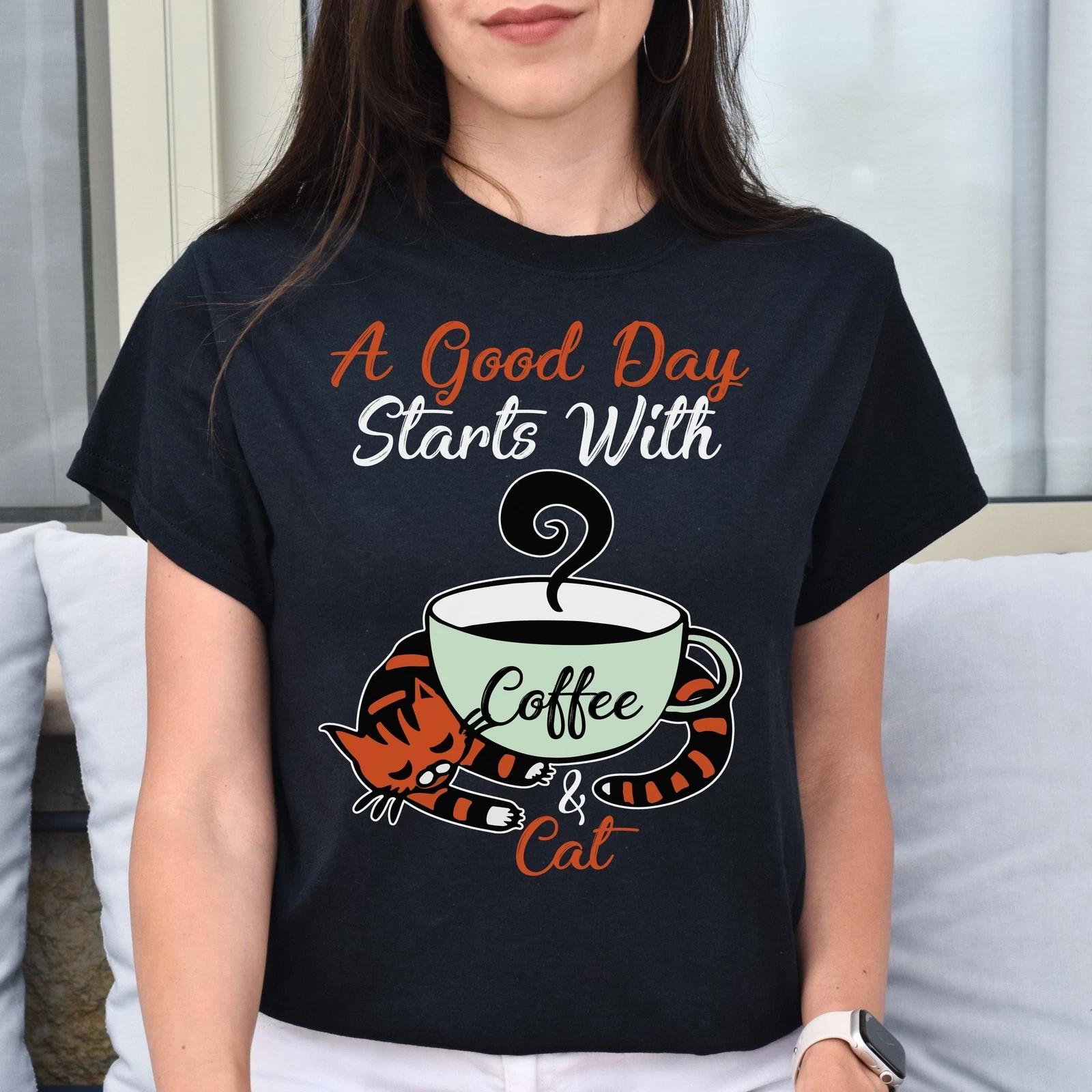 A good day starts with Coffee and Cat Unisex shirt gift Black Dark Heather 4XL