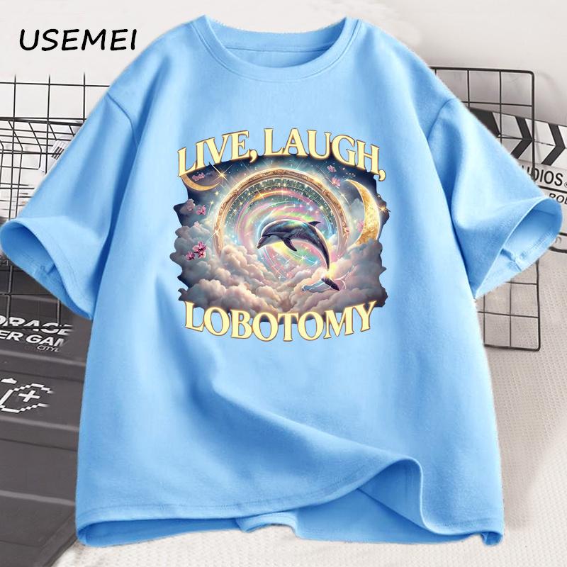 

Футболка Live Laugh Lobotomy Мужская Женская Смешная Футболка с Мемом про Дельфина Глупая Хлопковая с Коротким Рукавом Странная Винтажная Графическая Футболка 4XL