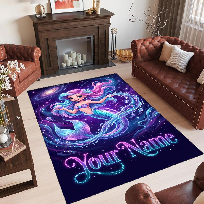 Mermaid Theme Crystal Velvet Floor Rug Personalized Custom Name Text Warm Carpet Home Decoration