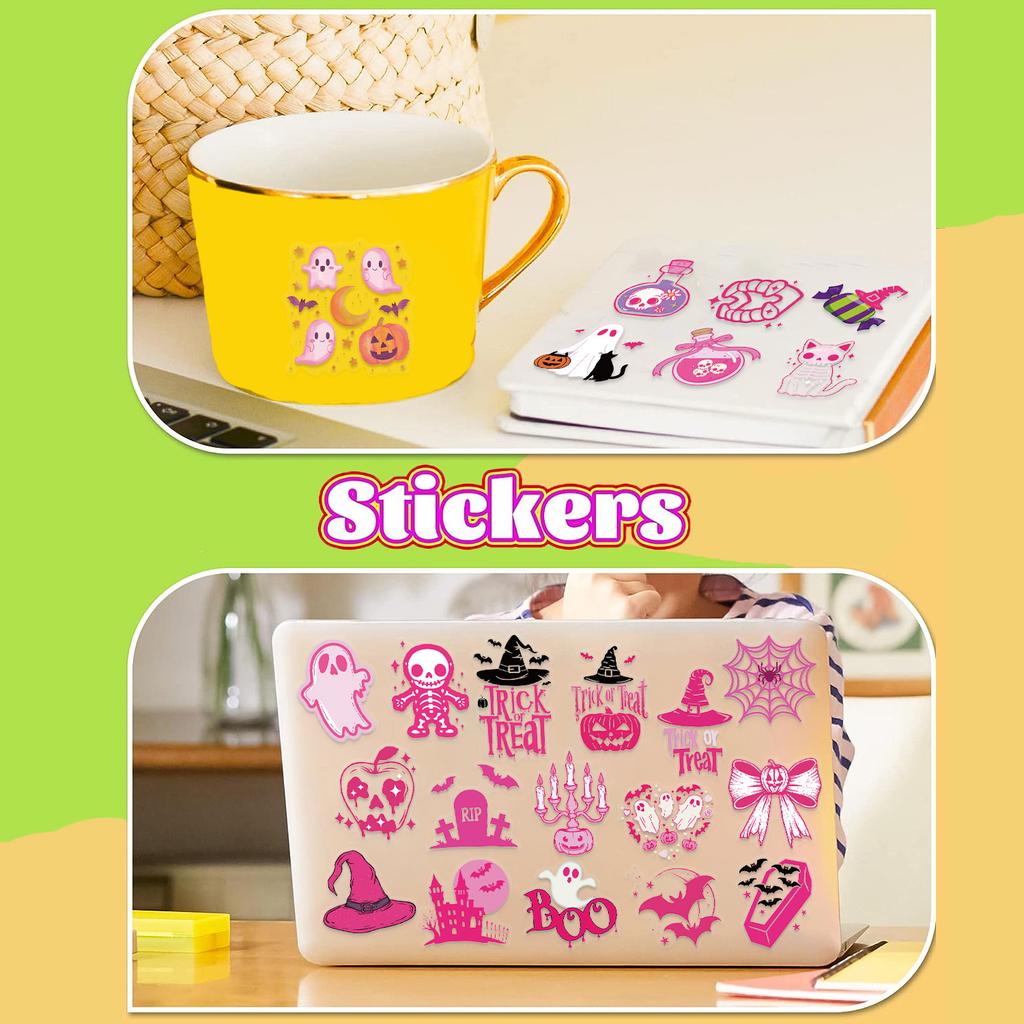 50Pcs Transparent Cartoon Pink Halloween Sticker Packs, Waterproof Transparent PET Hand Account Decorative Guitar Notebook Stickers