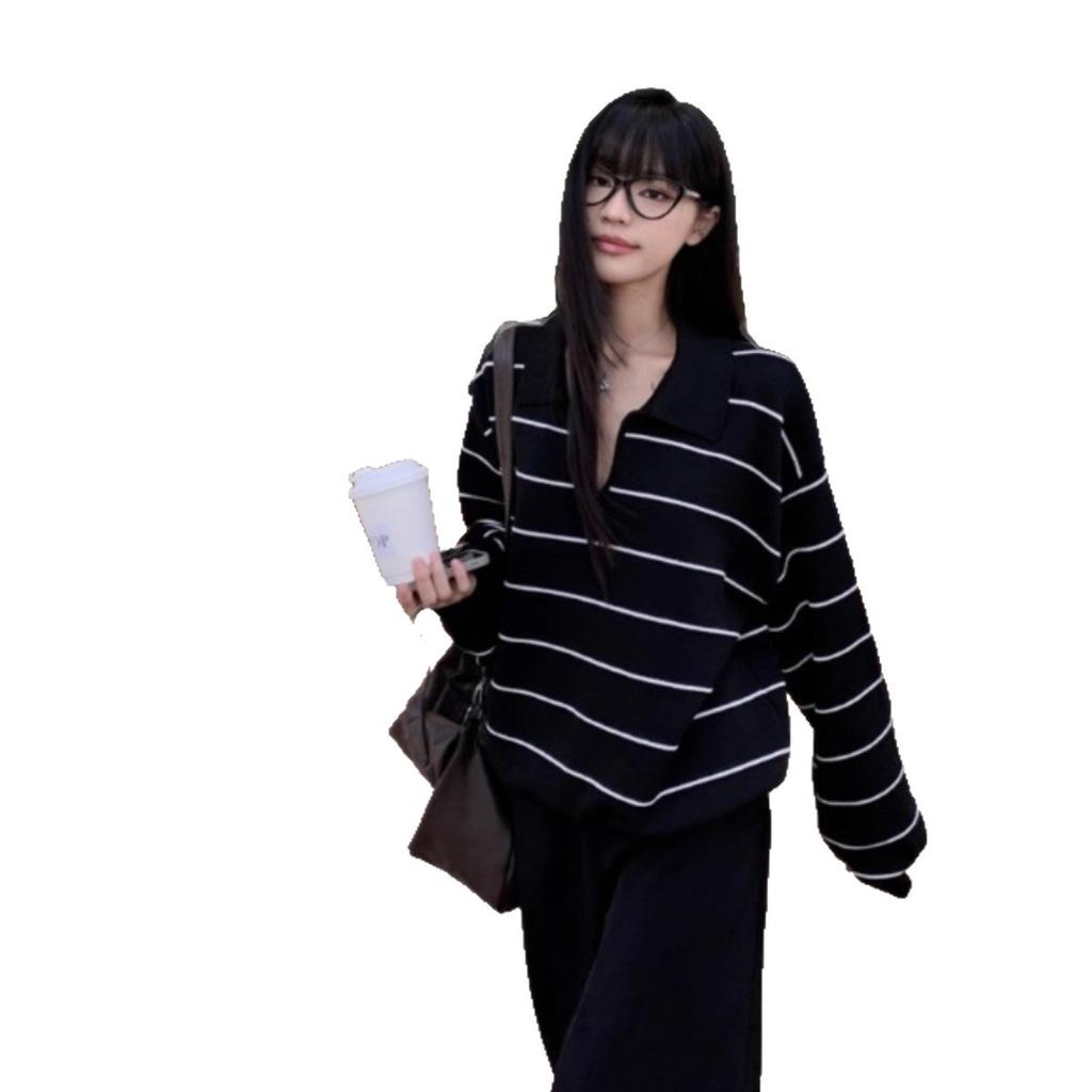 Lazy wind POLO collar striped long-sleeved knitted sweater women's autumn and winter new casual contrasting colors loose