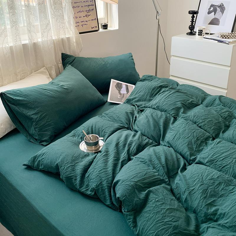 Bed Sheet Quilt Cover Nude Sleeping Pure Cotton Four-piece Set Washed Cotton Soft Bed Sheet Quilt Cover Solid Color Bedding