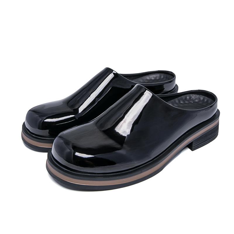 

Летние полутапочки мужские на платформе на одну ногу кожаные туфли лакированная патентная кожа корейская версия трендовые большеголовые тапочки Boken 46 чёрный