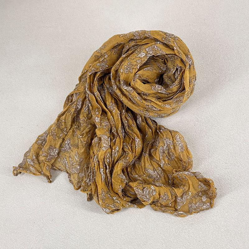 Artistic Retro Floral Pleated Scarf for Women in Spring and Autumn Sunscreen and Neck Protection Scarf