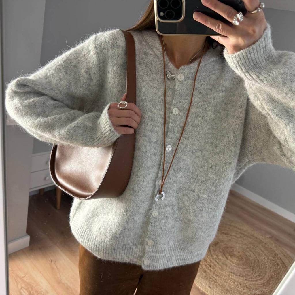 Soft Knitted Cardigan Women's Retro Button Gray Wool Sweater Jacket