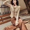 Women's Slim-Fit Knit Top & Long Velvet Skirt Two-Piece Set for Spring & Autumn